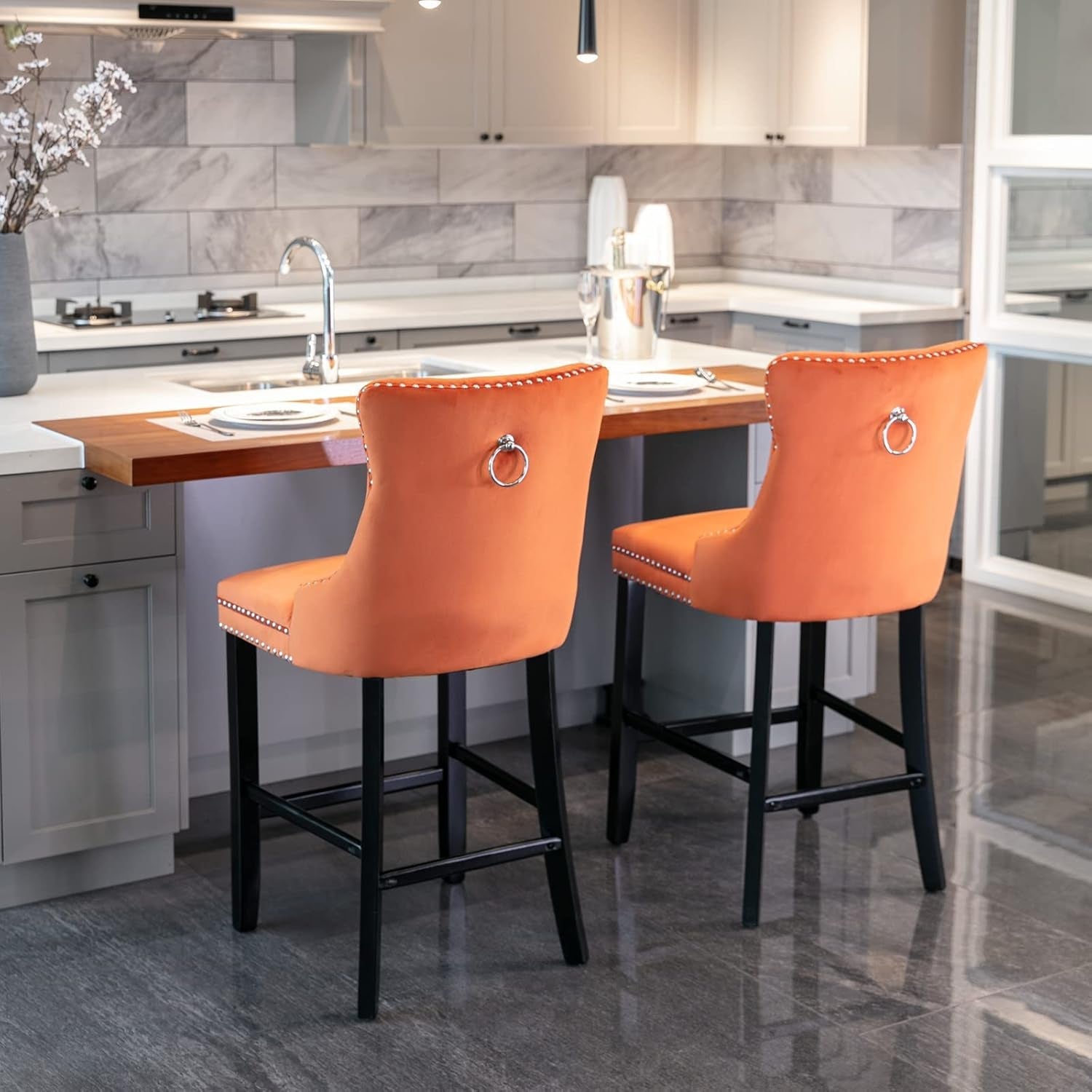 Velvet Upholstered Wingback Bar Stools Set of 2, Button Tufted Counter Height Bar Stool Chairs with Nailhead Trim&Handle Ring, Padded Kitchen Island Barstools W/Solid Wood Frame, Orange-2
