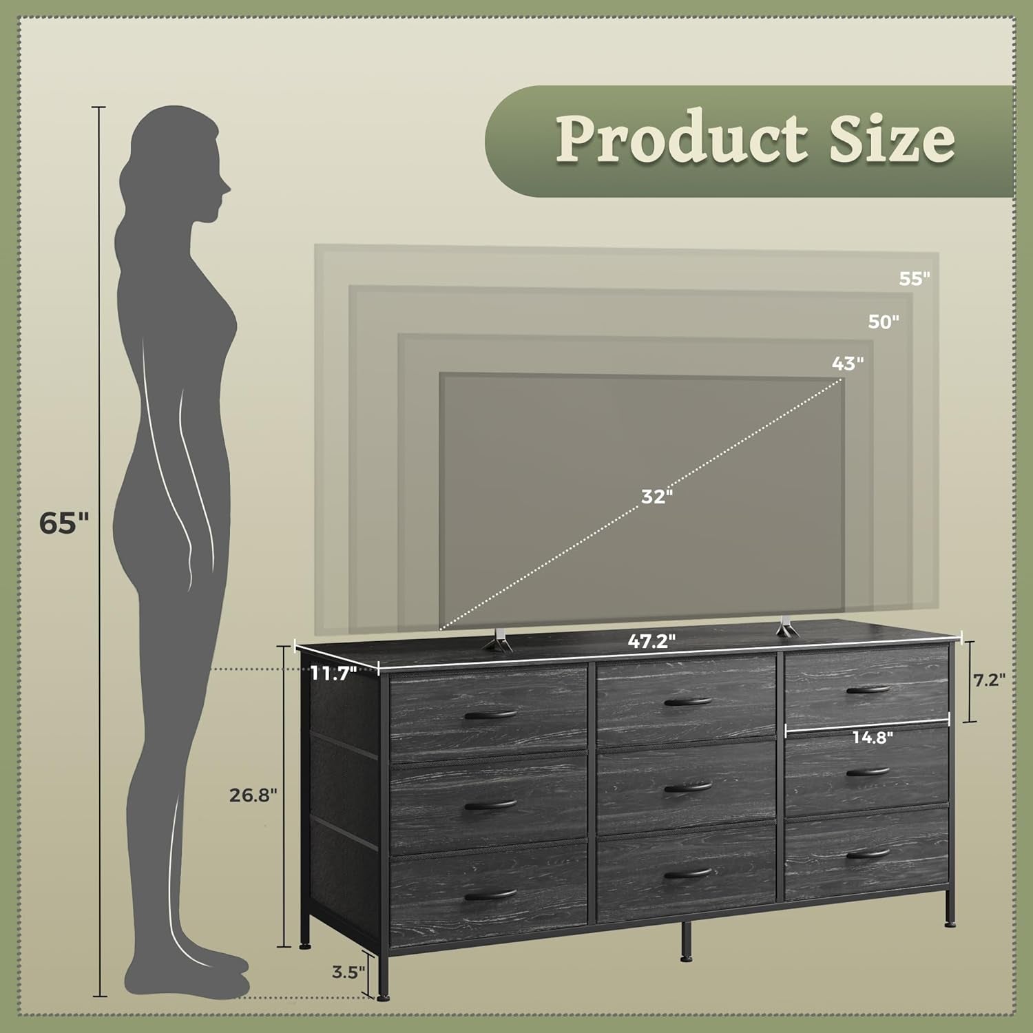 9 Drawer Dresser TV Stand For 55 Inch TV Charcoal Wood Grain-2