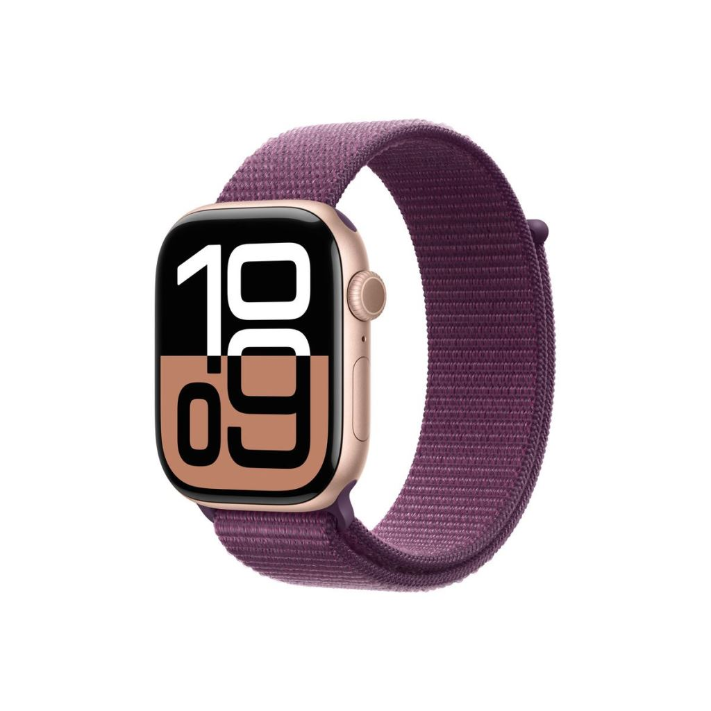 Apple Watch Series 10, Cellular, 46 mm, carcasa din aluminiu auriu-roz, bucla sport Plum Loop (MWY83QH/A)-0