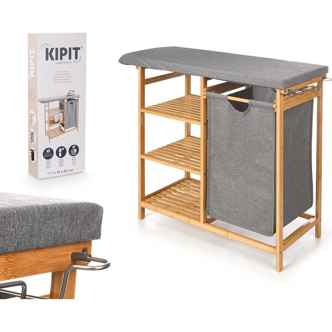 Kipit Bambusowa szafka z deską do prasowania i koszem na pranie BAMY, 111 x 34 x 82 cm ( )-0