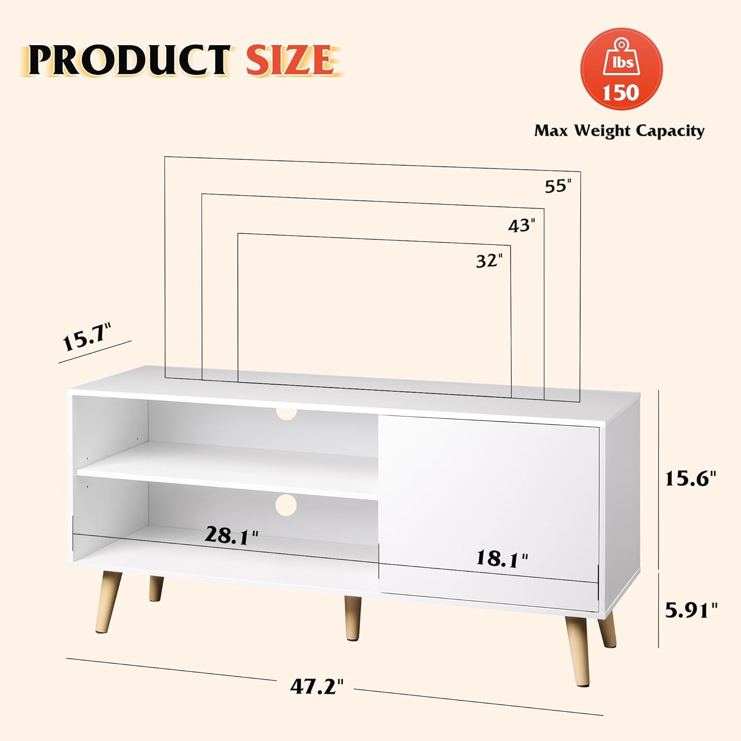 55-Inch TV Stand White Mid-Century Modern Storage Shelves-1