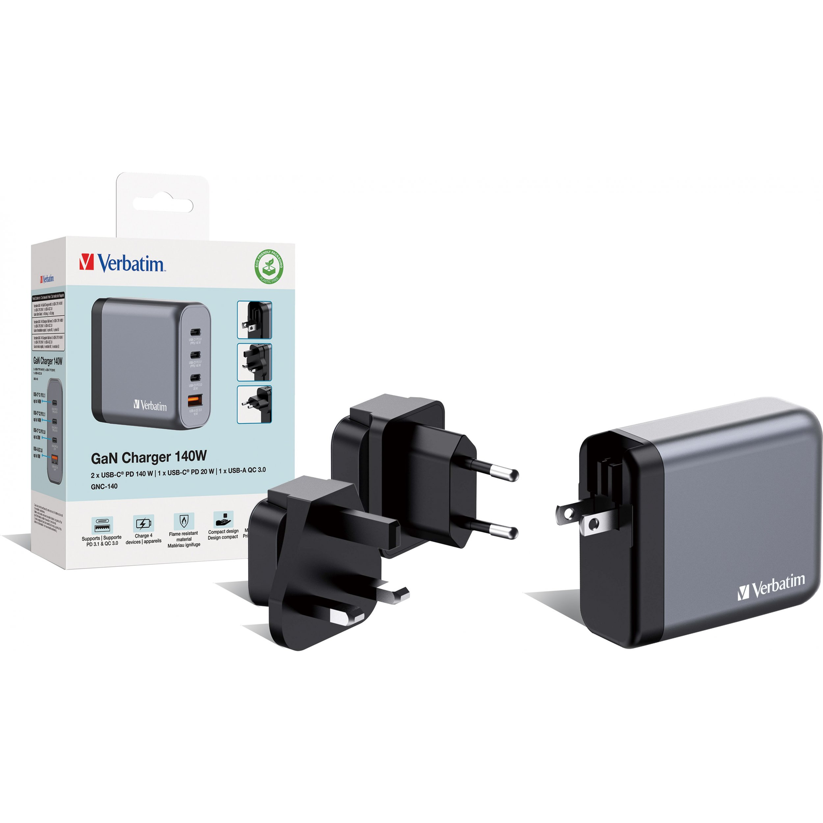 Ładowarka Verbatim Ładowarka sieciowa Verbatim GaN GNC-140 3xUSB-C PD (2x140W+20W) 1xUSB-A QC 3.0 (32203)-0