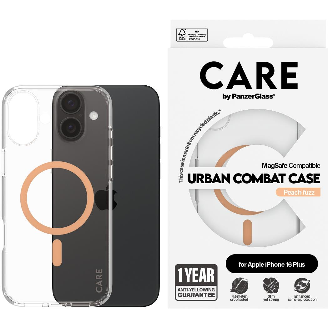 PanzerGlass CARE Apple iPhone 16 Plus MagSafe Urban Combat átlátszó/barackszín nem sárguló tok (1375)-0