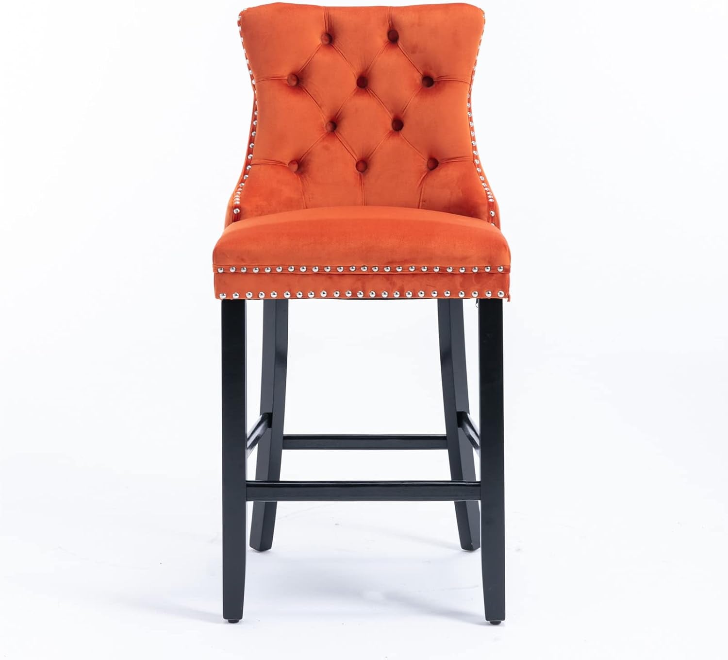 Velvet Upholstered Wingback Bar Stools Set of 2, Button Tufted Counter Height Bar Stool Chairs with Nailhead Trim&Handle Ring, Padded Kitchen Island Barstools W/Solid Wood Frame, Orange-4