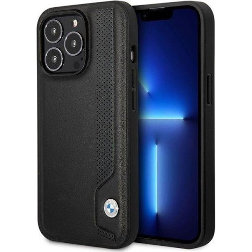 CG MOBILE BMW LEATHER BLUE DOTS szilikon telefonvédő (ECO bőr hatású, műanyag hátlap, lyukacsos) FEKETE Apple iPhone 14 Pro Max (BMHCP14X22RBDK) (BMW381)-0