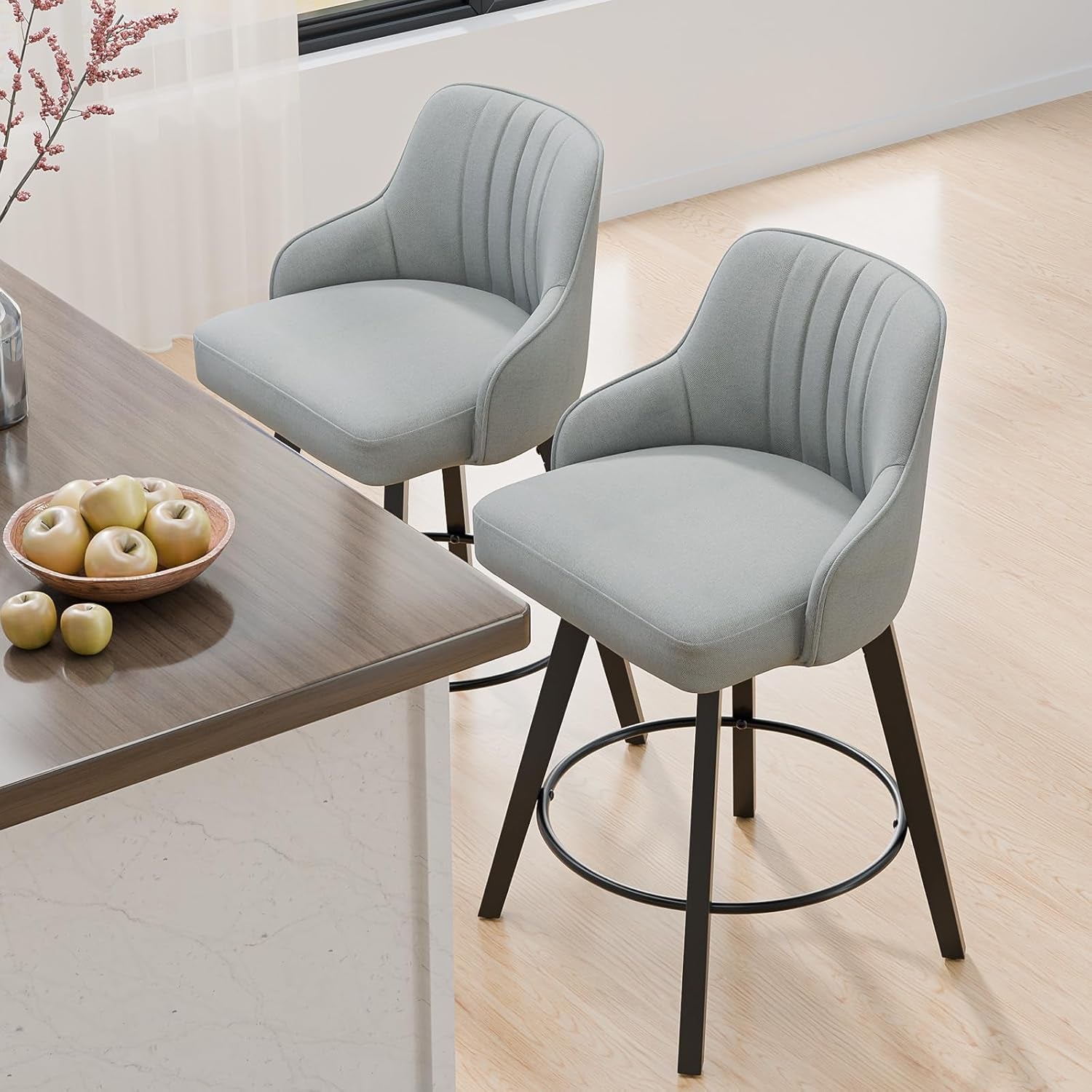 Linen Fabric Upholstered Swivel Barstools Set of Two-1