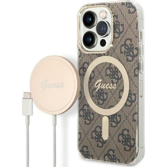 Ładowarka Guess Zestaw Guess etui + ładowarka bezprzewodowa GUBPP14LH4EACSW Apple iPhone 14 Pro brązowy/brown hard case 4G Print MagSafe (GUE2294)-0