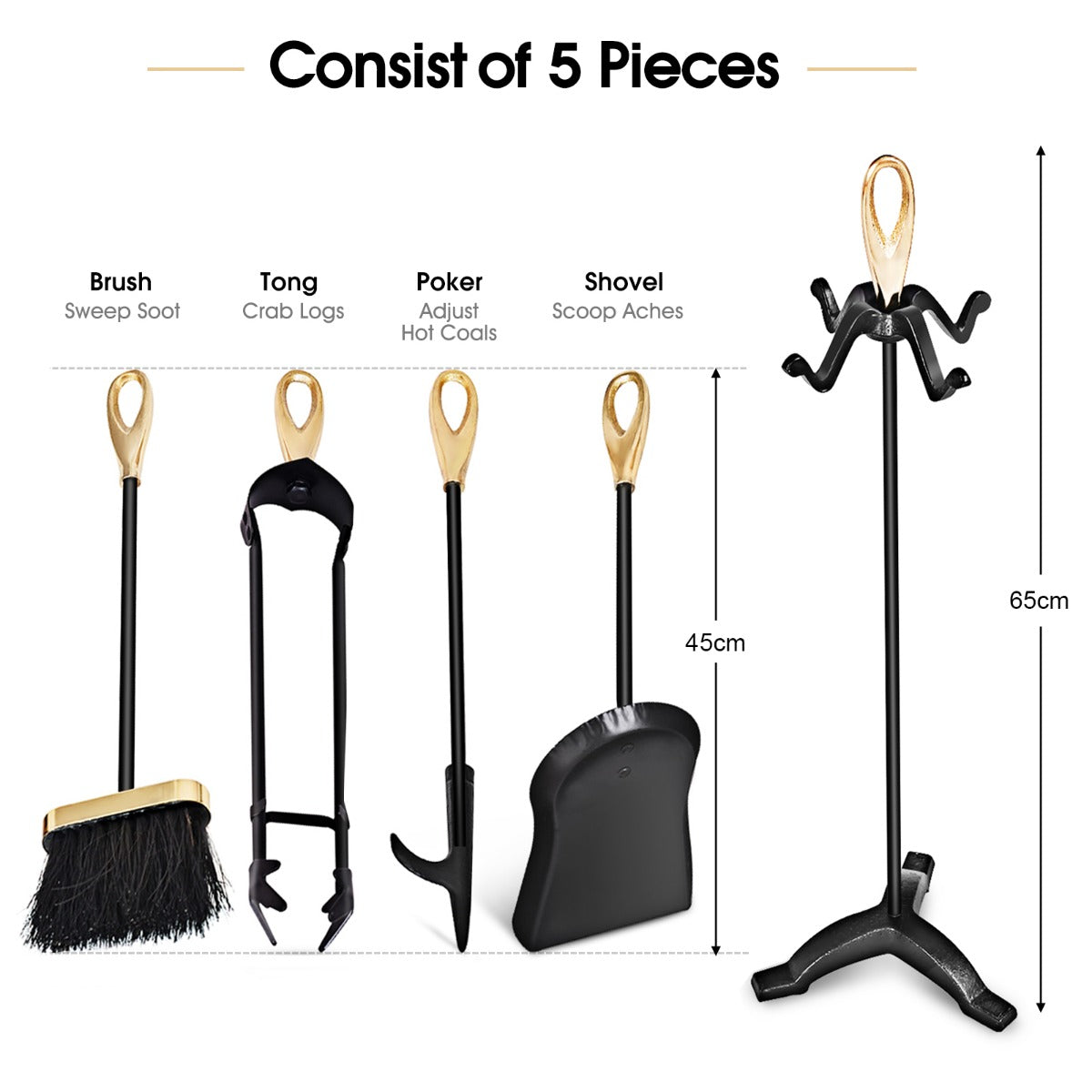 NNECW 5 Pieces Iron Fireplace Set with Broom & Shovel & Poker & Tongs & Stand-3