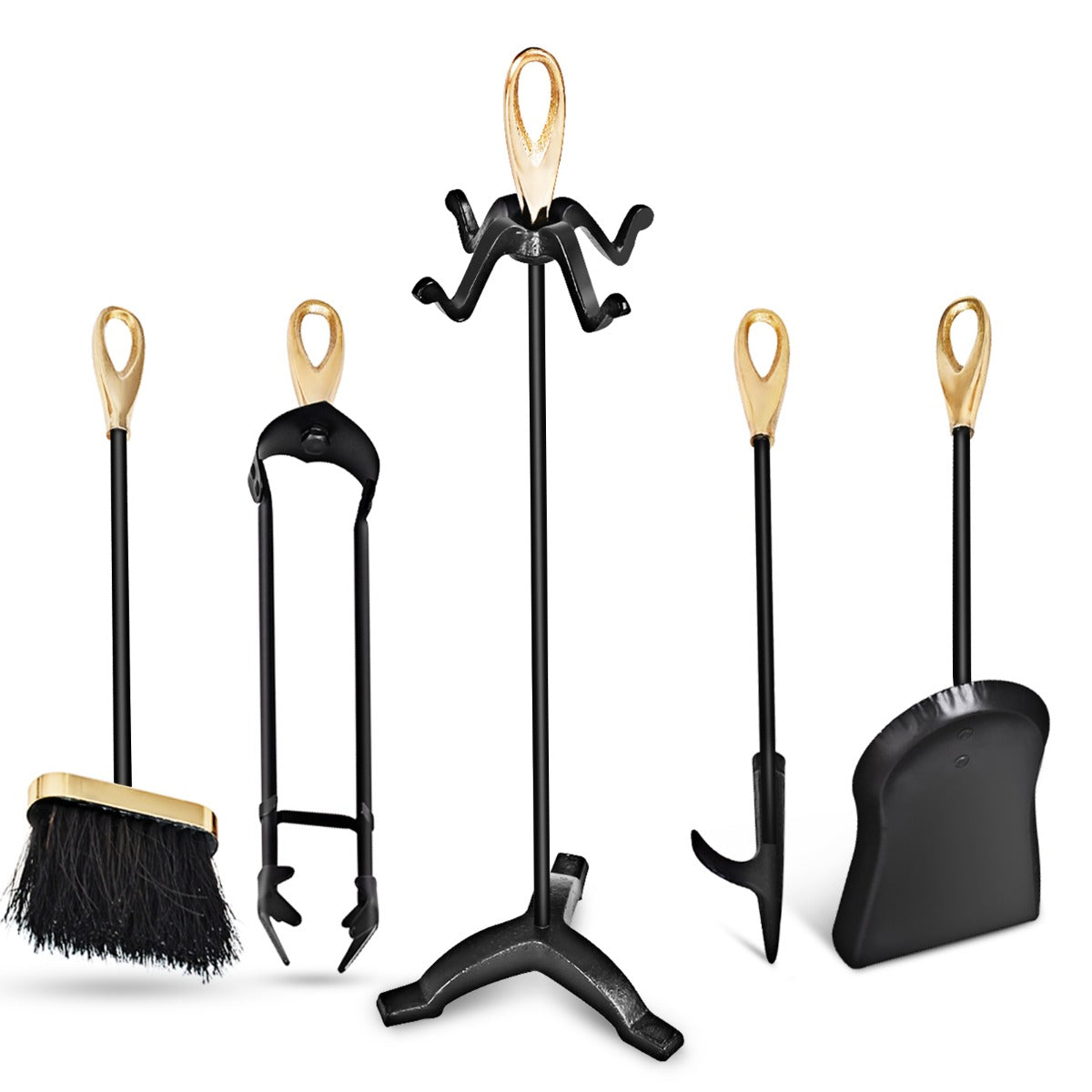NNECW 5 Pieces Iron Fireplace Set with Broom & Shovel & Poker & Tongs & Stand-1