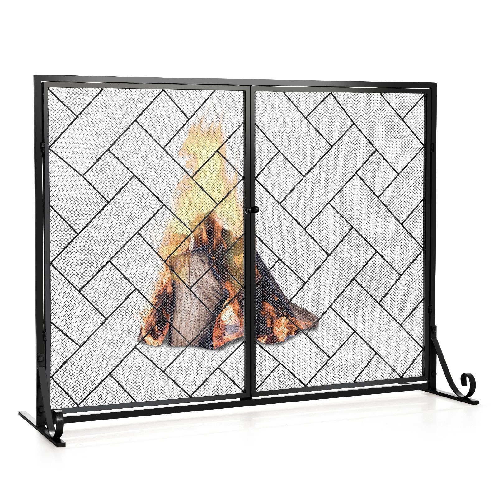 NNECW 2-Panel Fireplace Screen with Double Door-Black-1