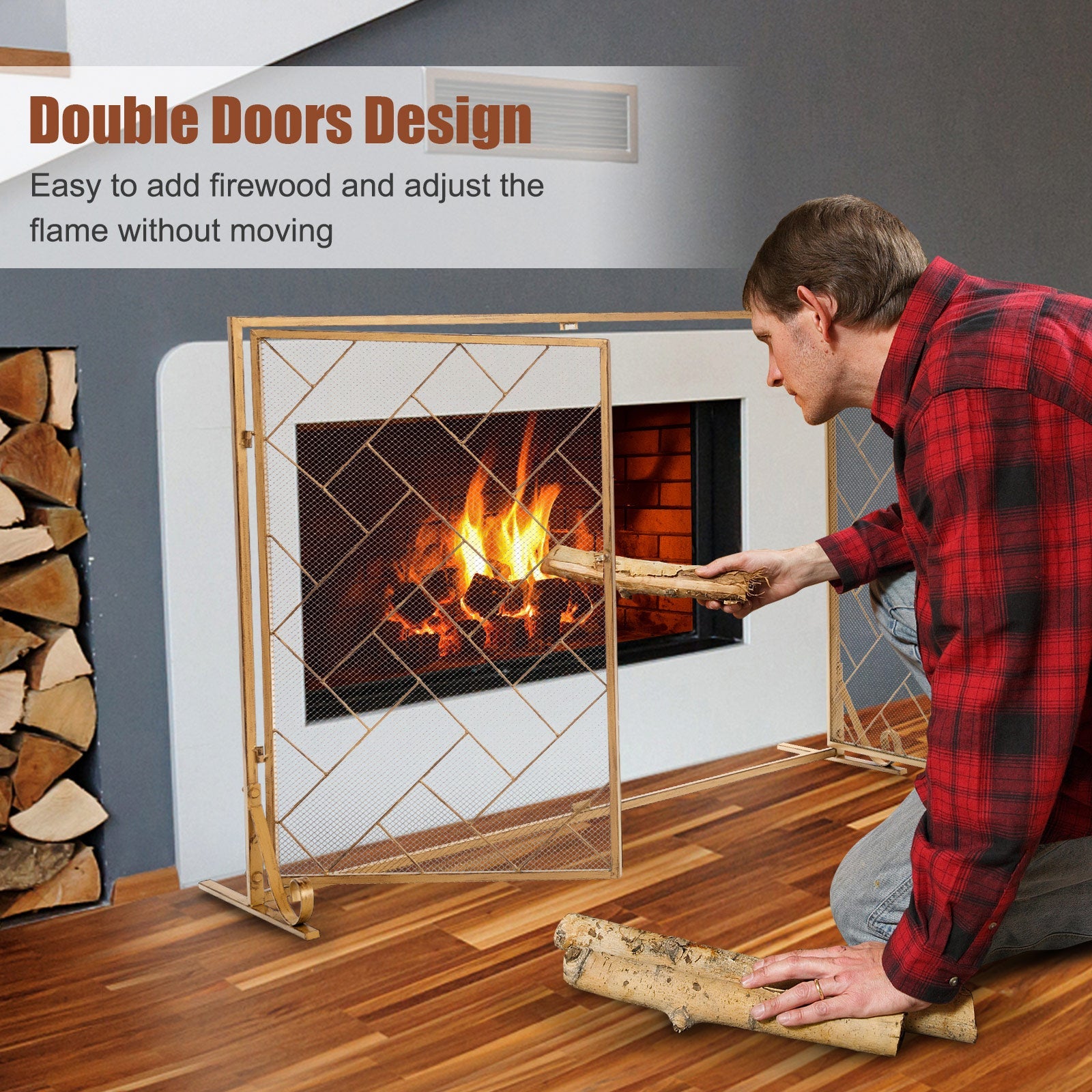 NNECW 2-Panel Fireplace Screen with Double Door-Golden-2