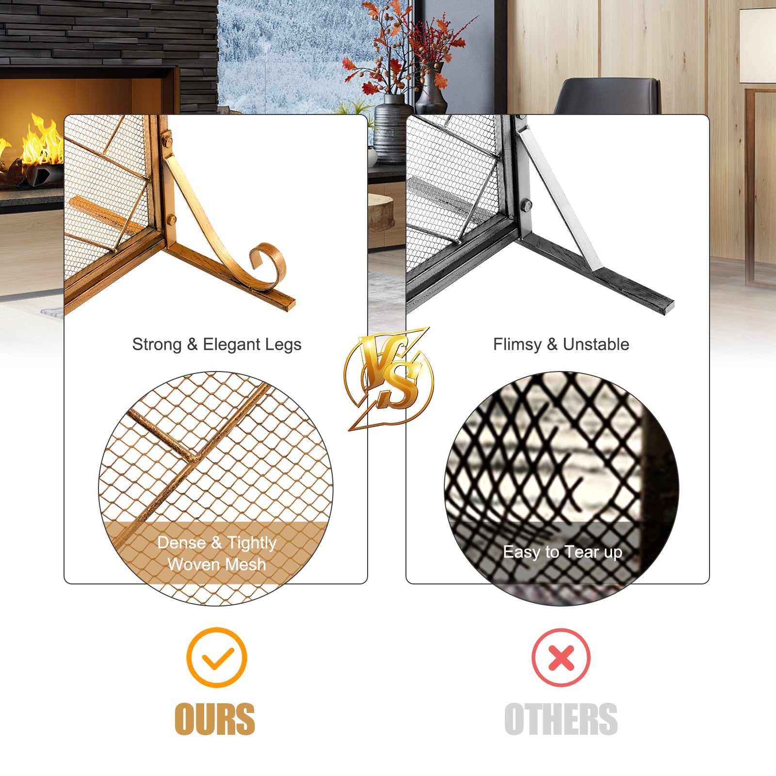 NNECW 2-Panel Fireplace Screen with Double Door-Golden-4