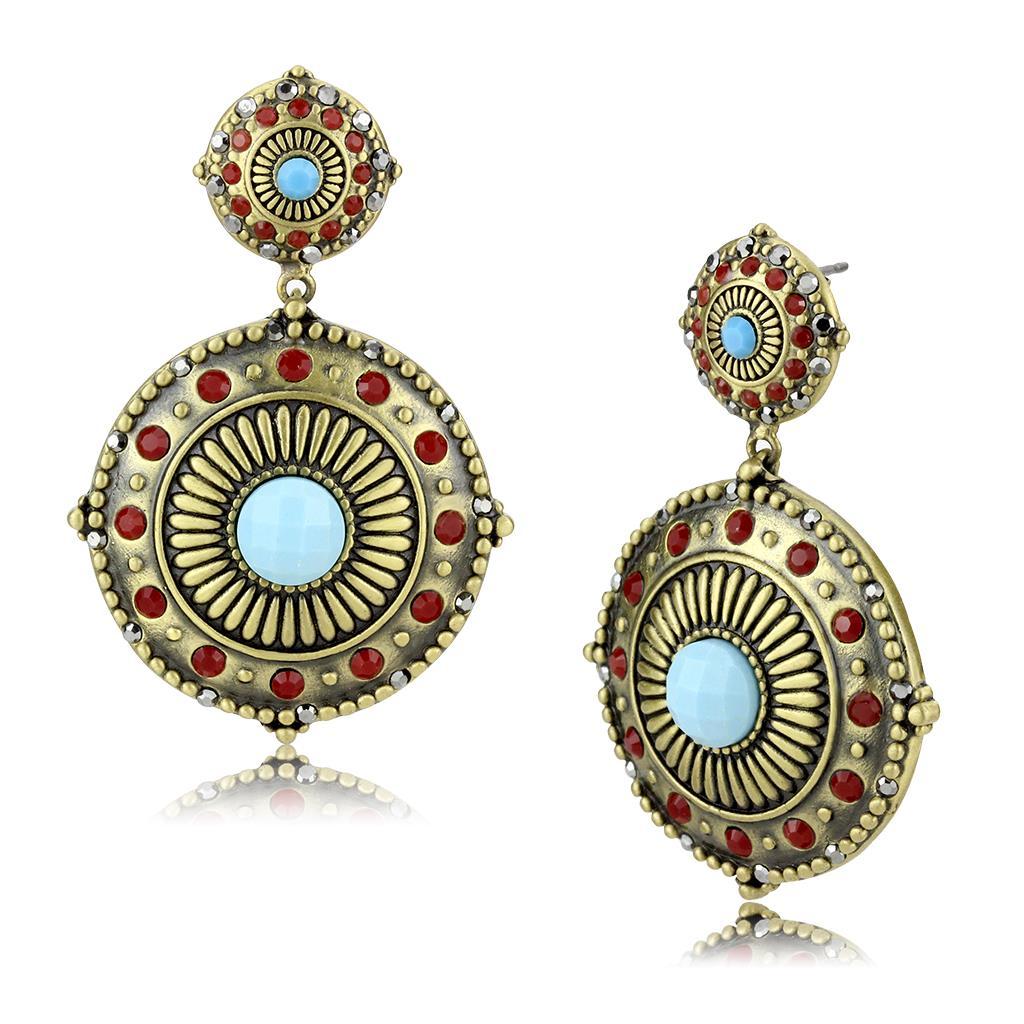 LO4685 - Antique Copper Brass Earrings with Synthetic Turquoise in Sea Blue-0