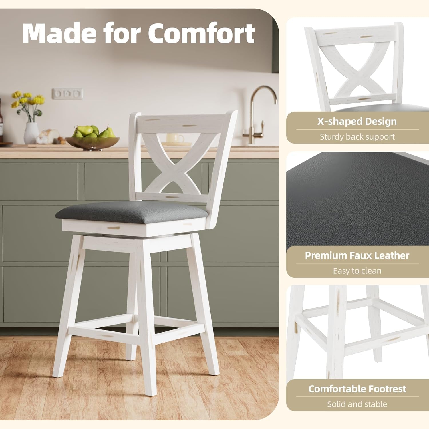 Swivel Bar Stools Set of 2, Swivel Barstools with Solid Footrest & Faux Leather Upholstered Seat, Island Chairs with Back for Kitchen, Dining Room (Antique White) (24-Inch)-3