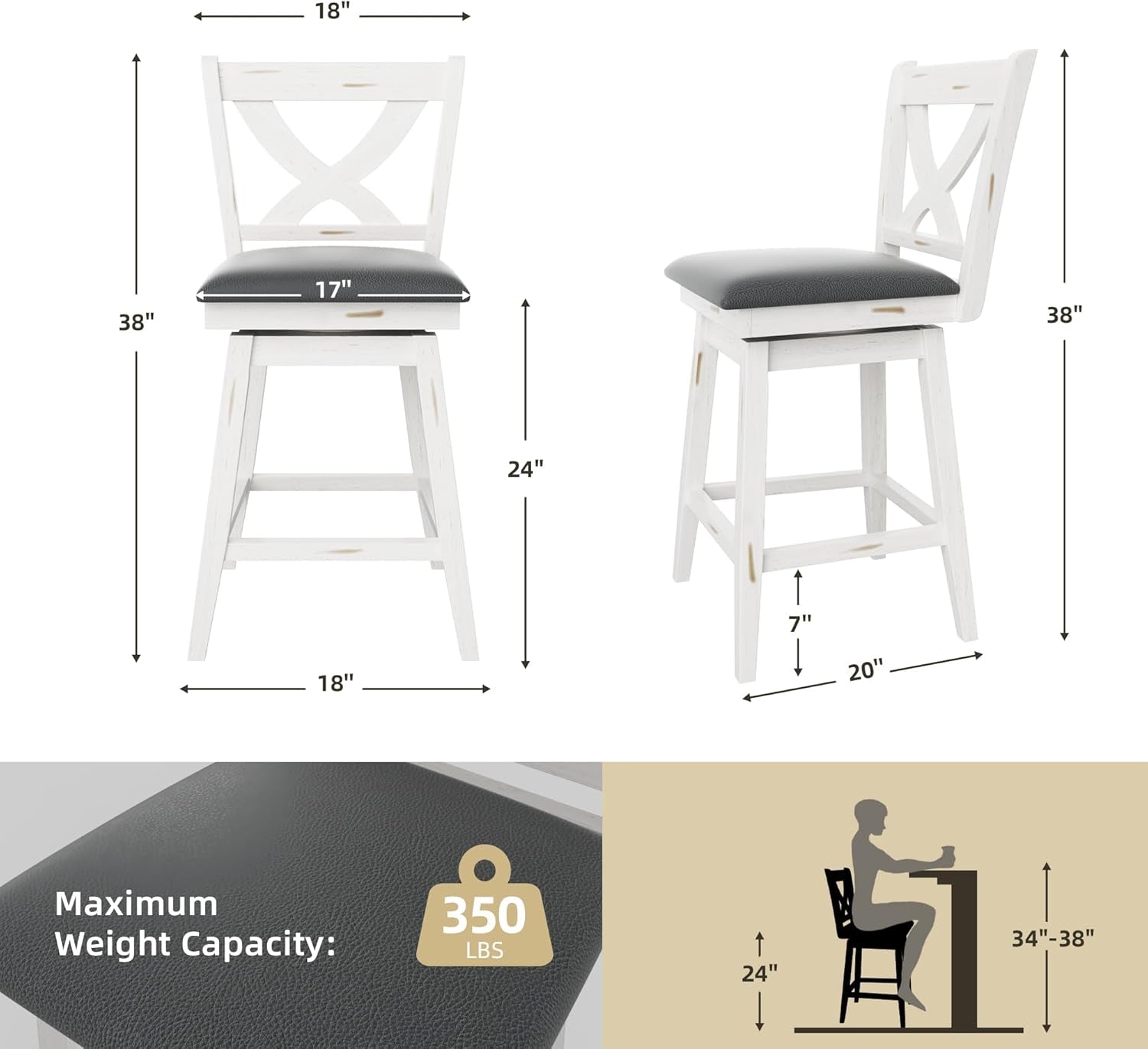Swivel Bar Stools Set of 2, Swivel Barstools with Solid Footrest & Faux Leather Upholstered Seat, Island Chairs with Back for Kitchen, Dining Room (Antique White) (24-Inch)-1