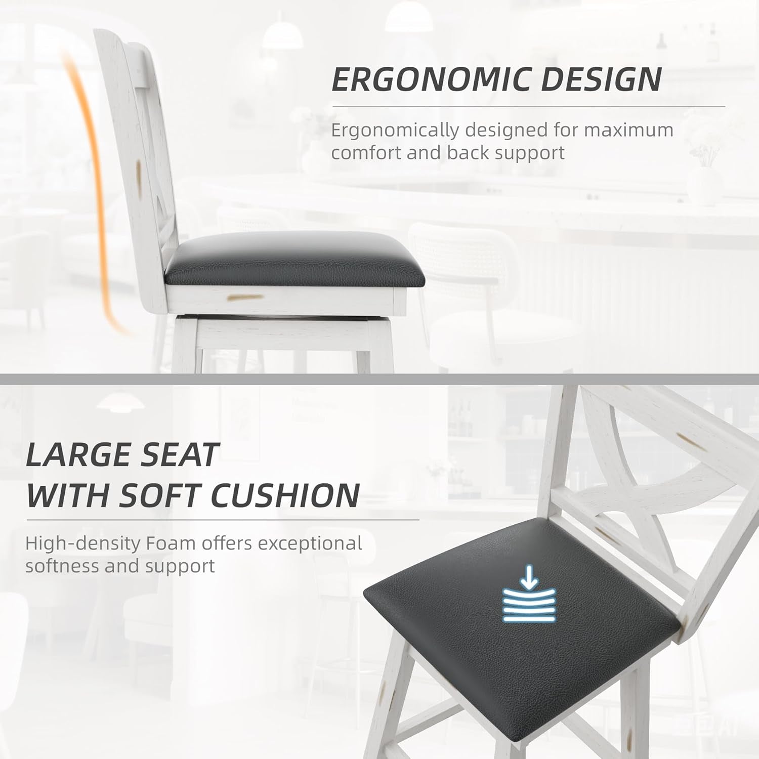 Swivel Bar Stools Set of 2, Swivel Barstools with Solid Footrest & Faux Leather Upholstered Seat, Island Chairs with Back for Kitchen, Dining Room (Antique White) (24-Inch)-4