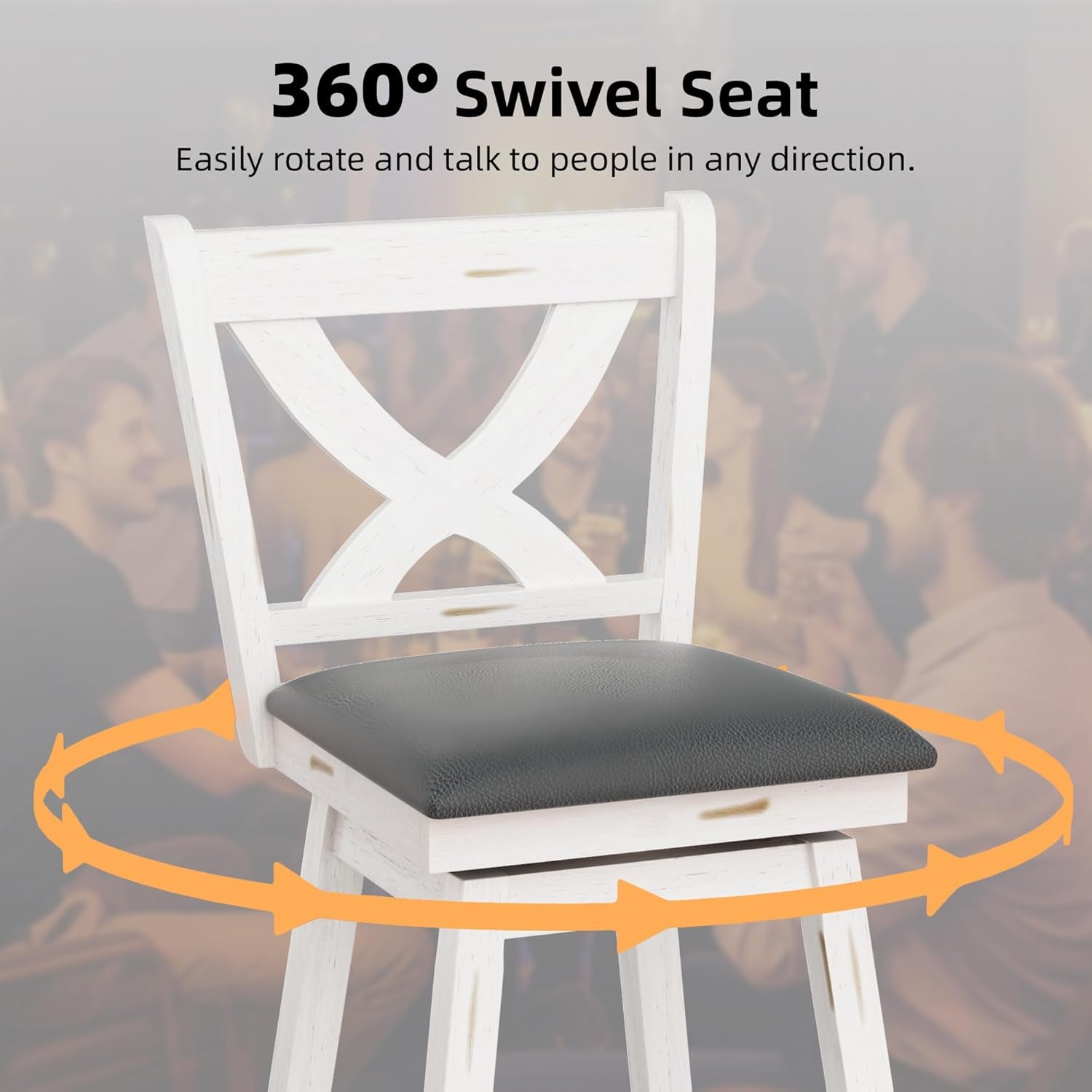 Swivel Bar Stools Set of 2, Swivel Barstools with Solid Footrest & Faux Leather Upholstered Seat, Island Chairs with Back for Kitchen, Dining Room (Antique White) (24-Inch)-2