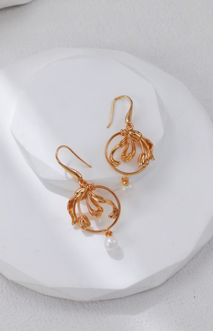 Golden Tulip Pearl Earrings-4