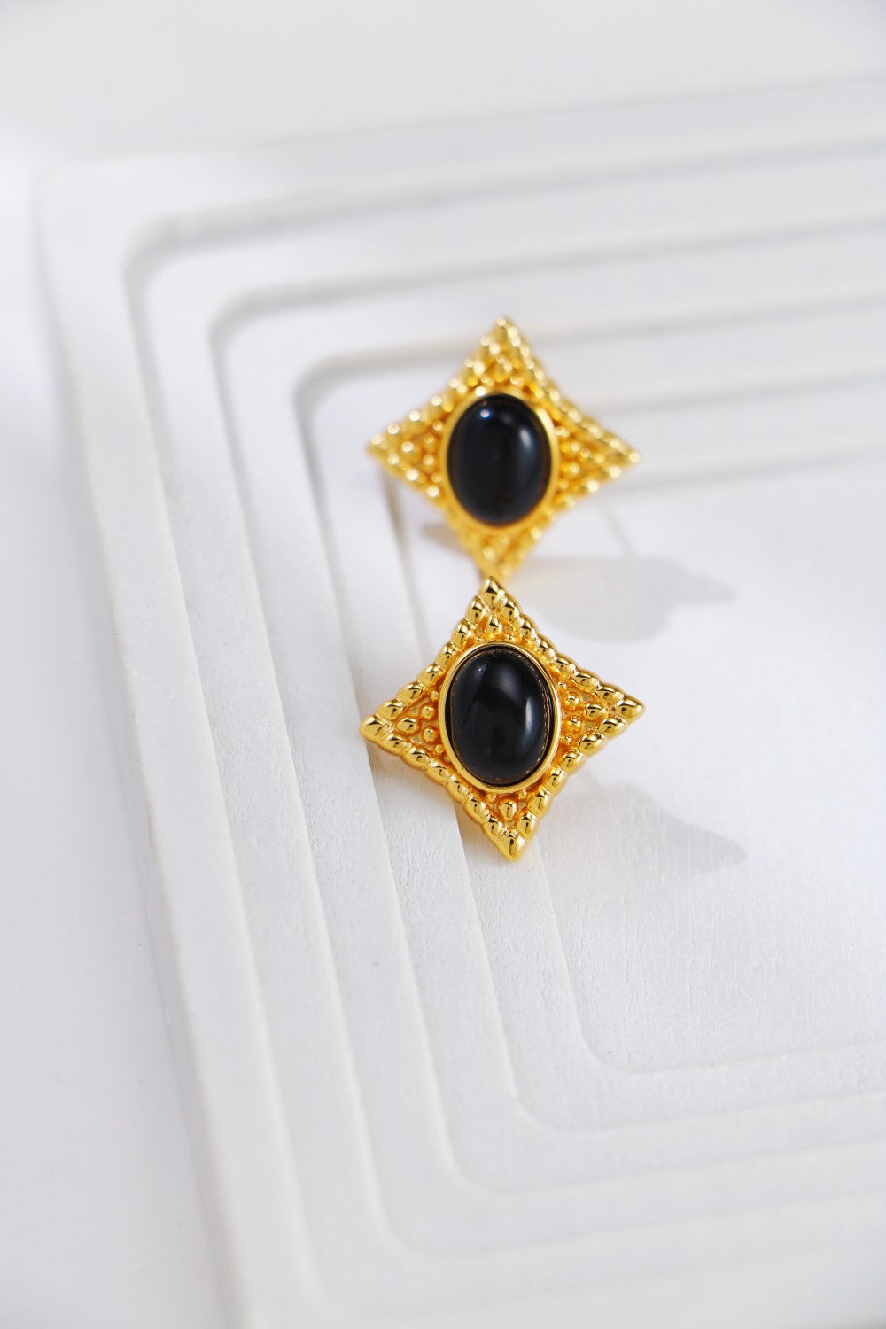 Vintage Gold Black Agate Stud Earrings-1