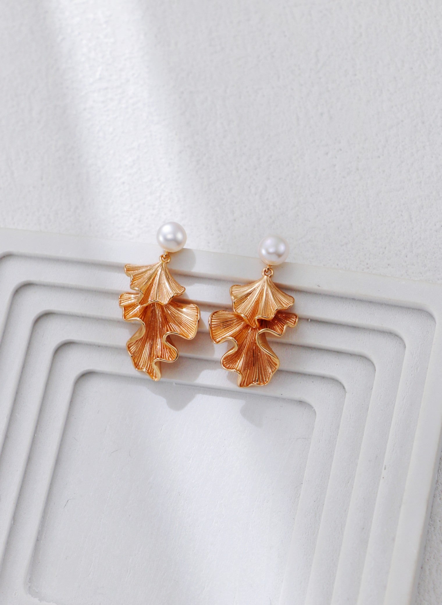 Ginkgo Leaf Pearl Drop Earrings-1