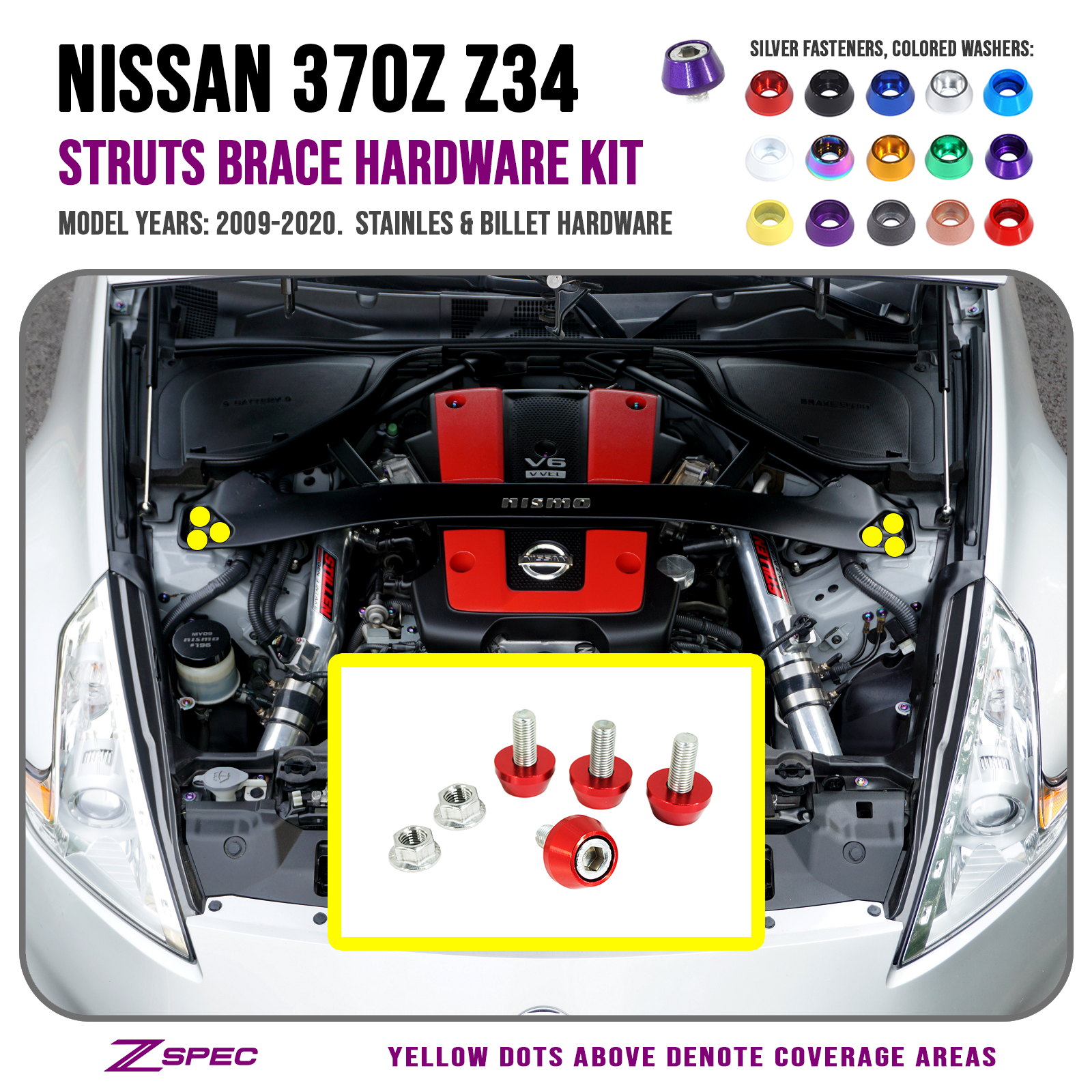 ZSPEC Strut Brace Fastener Kit for Nissan 370z, Stainless & Billet Har ...